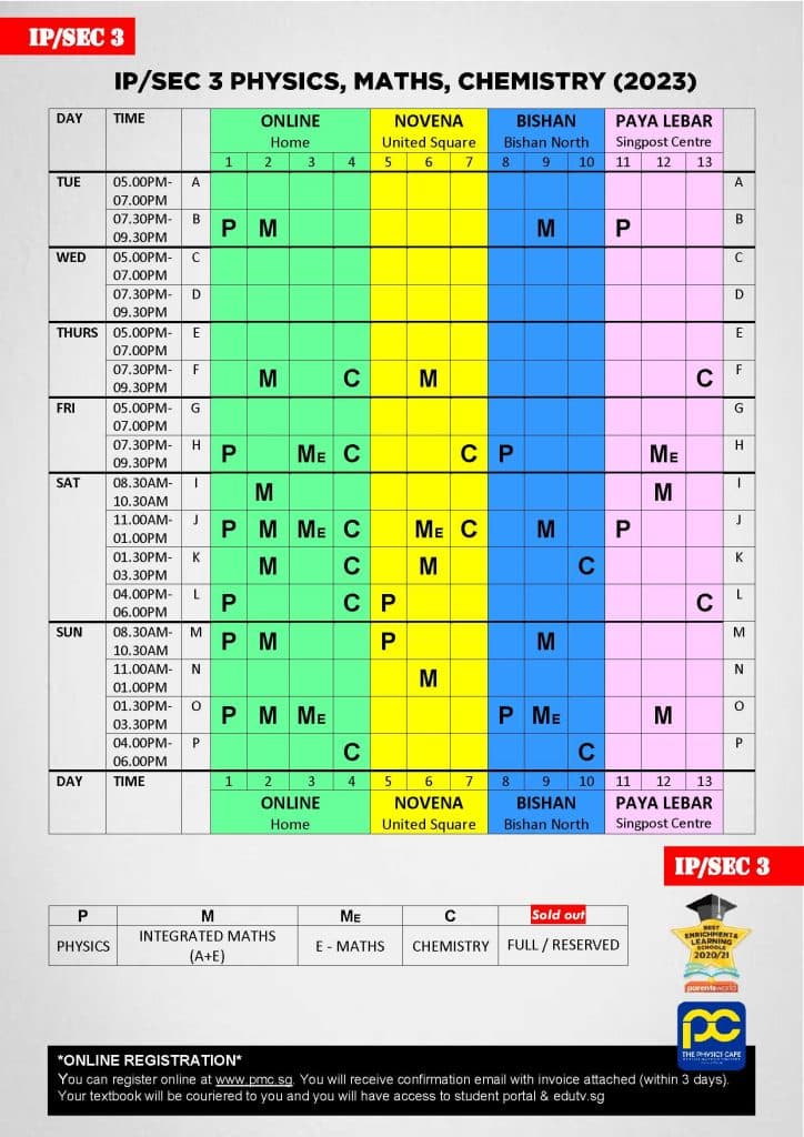 2023 Classes Schedule (Physics, Maths, Chemistry) - PMC.SG EDUCATION GROUP